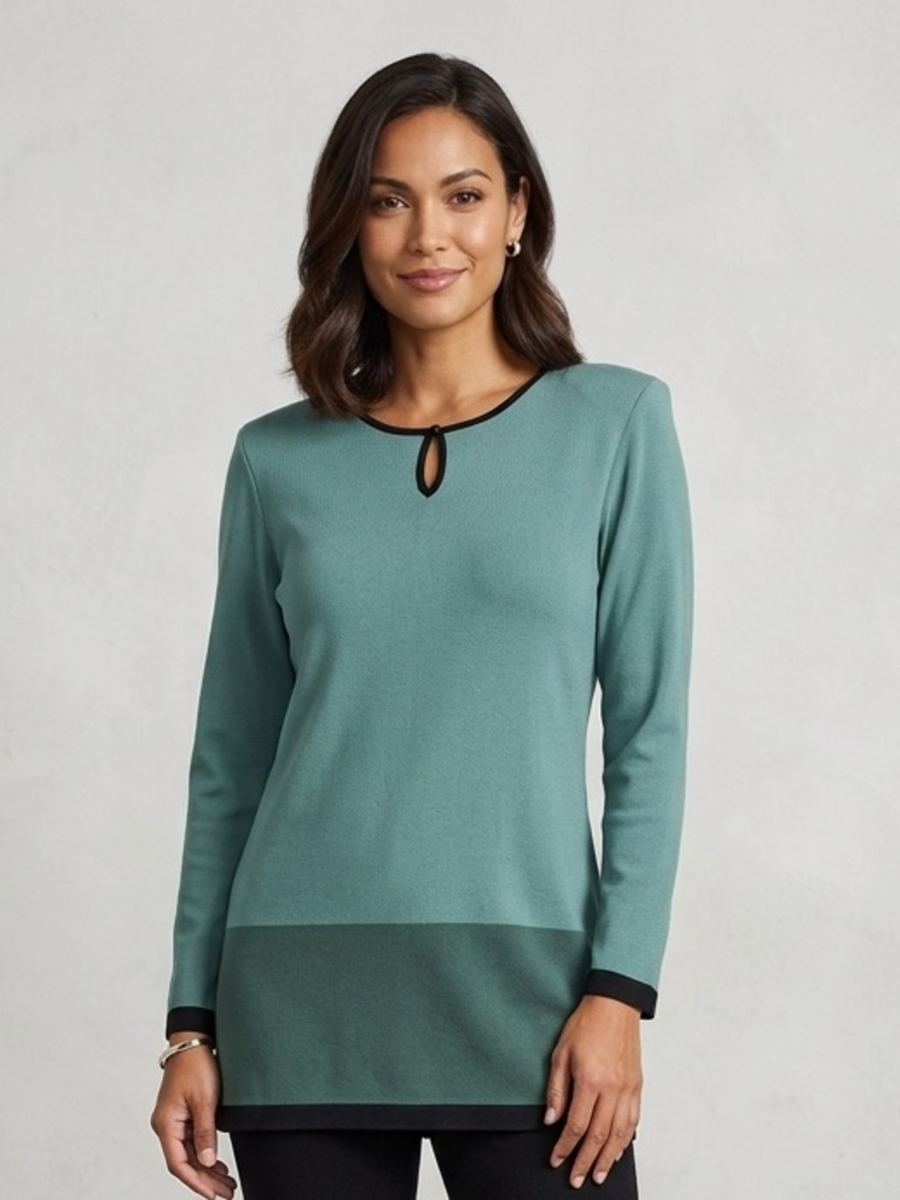 Misook Teal Two-Tone Keyhole Long-Sleeve Tunic Size M 100% Acrylic